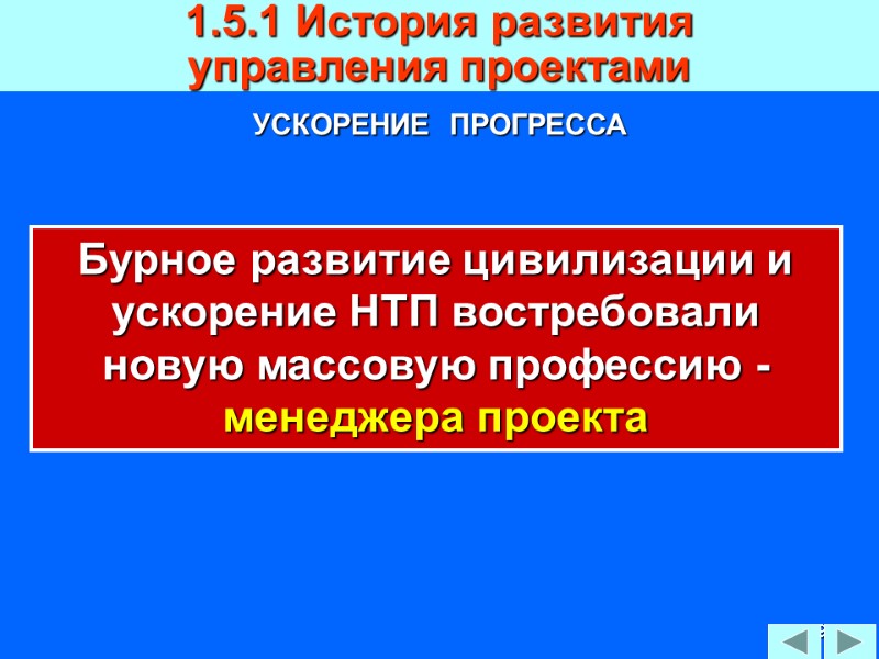 99 УСКОРЕНИЕ  ПРОГРЕССА 1.5.1 История развития  управления проектами Бурное развитие цивилизации и